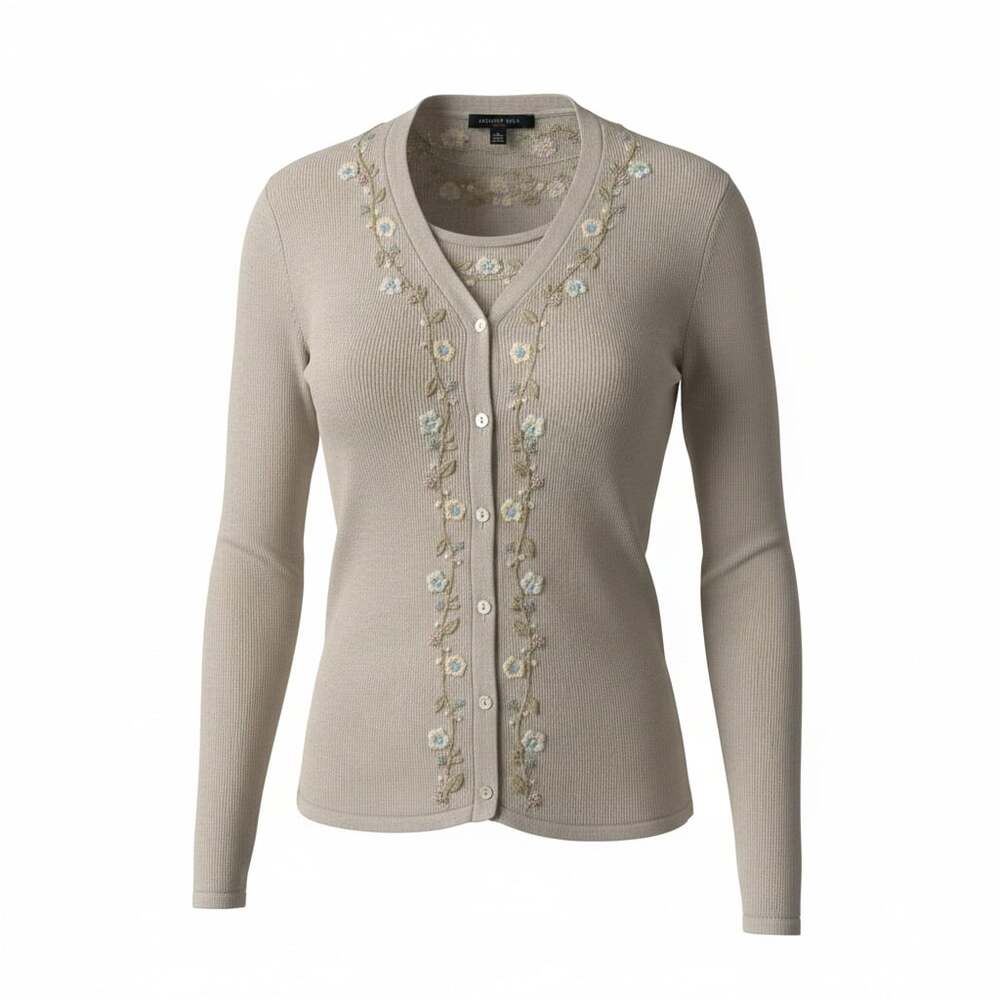 August Silk 100% Silk Floral Embroidered Beaded Twin Set Cardigan M Top S